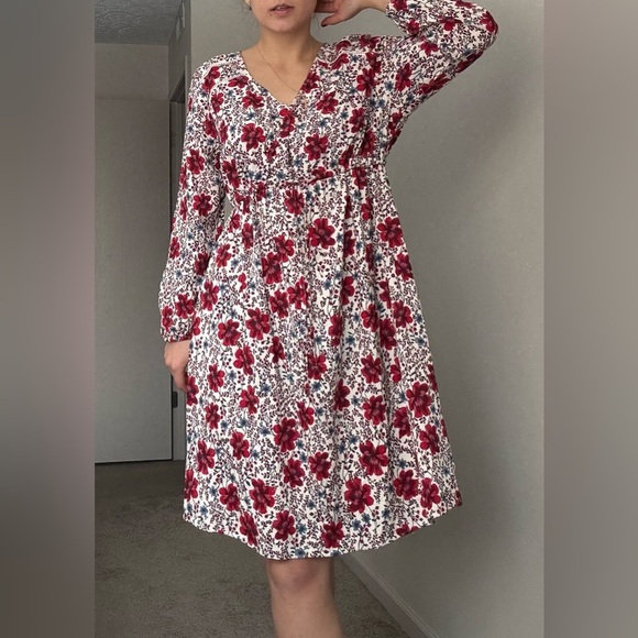 Waist-Difined Bell-Sleeve Faux-Wrap Dress for Women, red floral, Size L - Picture 3 of 11